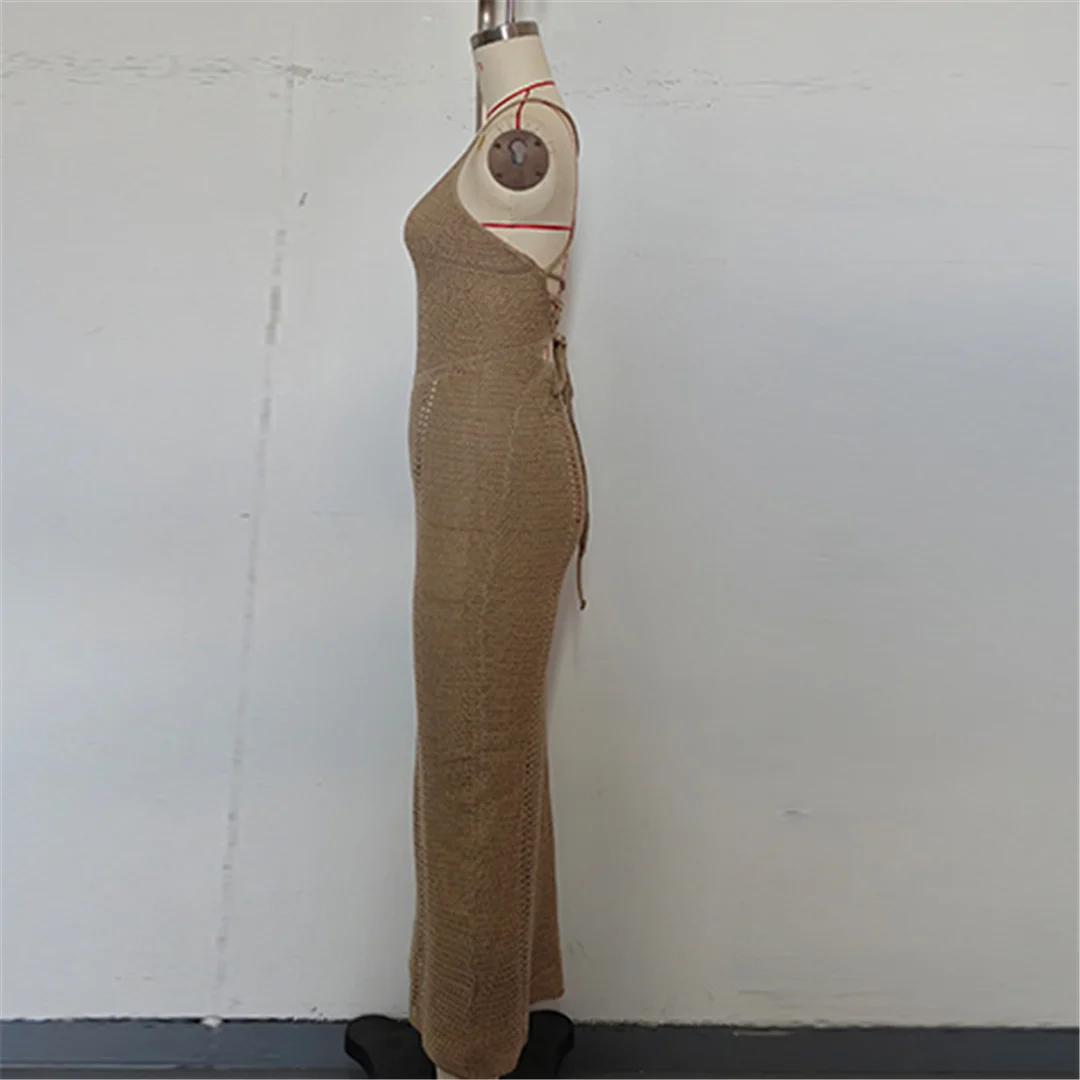 V-Ausschnitt, überkreuzter Rücken, ausgeschnittenes, gehäkeltes, gestricktes Tunika-Strandkleid, Strandkleid, Strandmode, Damen V7122 – Detail 10