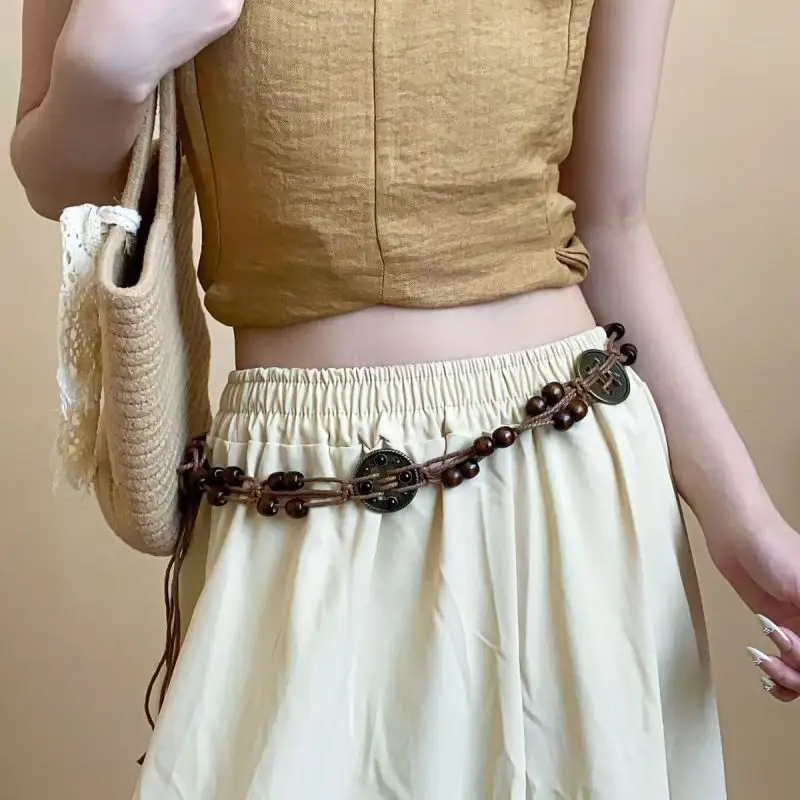Cuerda de cintura trenzada versátil vintage: accesorio de cintura bohemio para mujer, cinturón étnico, cadena de cintura informal decorativa de estilo coreano