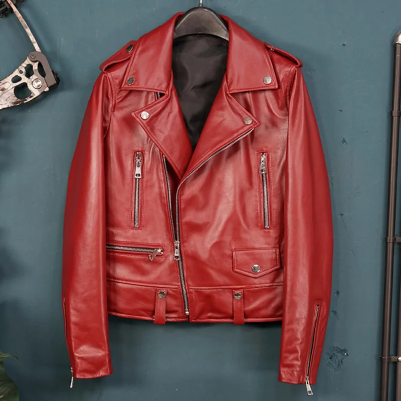 Plus Size Sheepskin Women Genuine Leather Jackets Wine Red Slim Motorcycle Biker Jacket Ladies Real Leather Coats Chaqueta Mujer