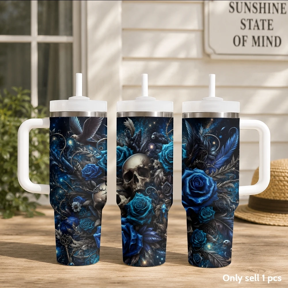 Blue Rose And Skull Vacuum Flasks 40oz Stainless Steel Insulated Tumbler with Handle & Straw Leakproof Travel Mug
