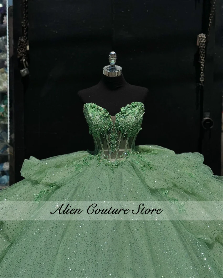 Sparkly Green Corset Quinceanera Dress 2024 Beads Crystal Pearls Ball Gown Prom Dress Bow Vestidos De 15 Años Lace-up Customized