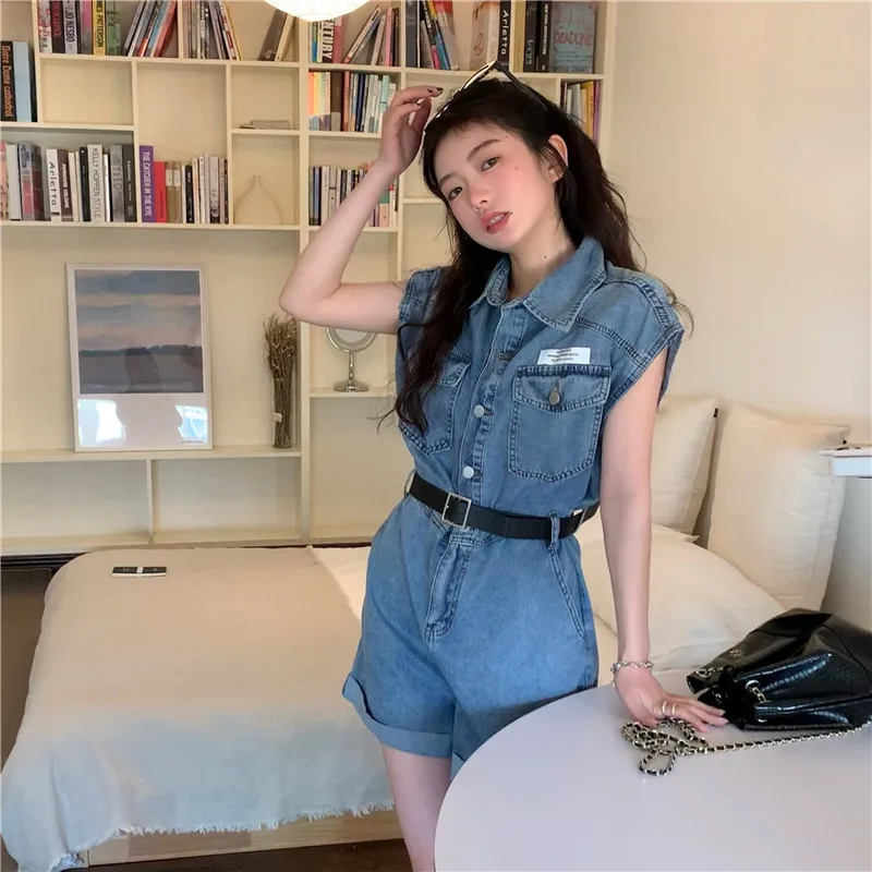 

Korean Chic One-Piece Jeans Jumpsuits with Belt Short Sleeve High Waist Short Overalls Female Button Up Denim Romper Playsuits