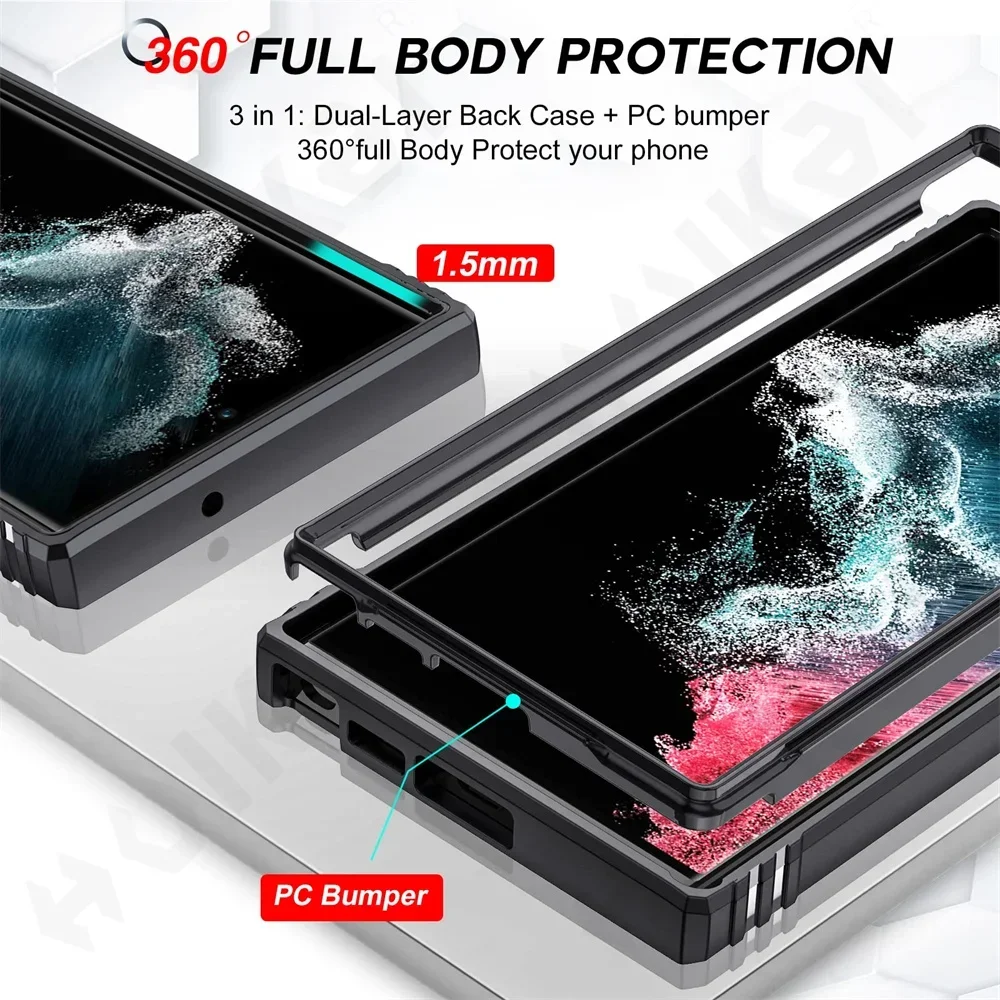 Case For Samsung S24 S23 Ultra S22 S25 FE Note 20 Plus A55 A35 A54 A56 A36 A34 4G 5G Heavy Duty with Camera 360 Kickstand Cover