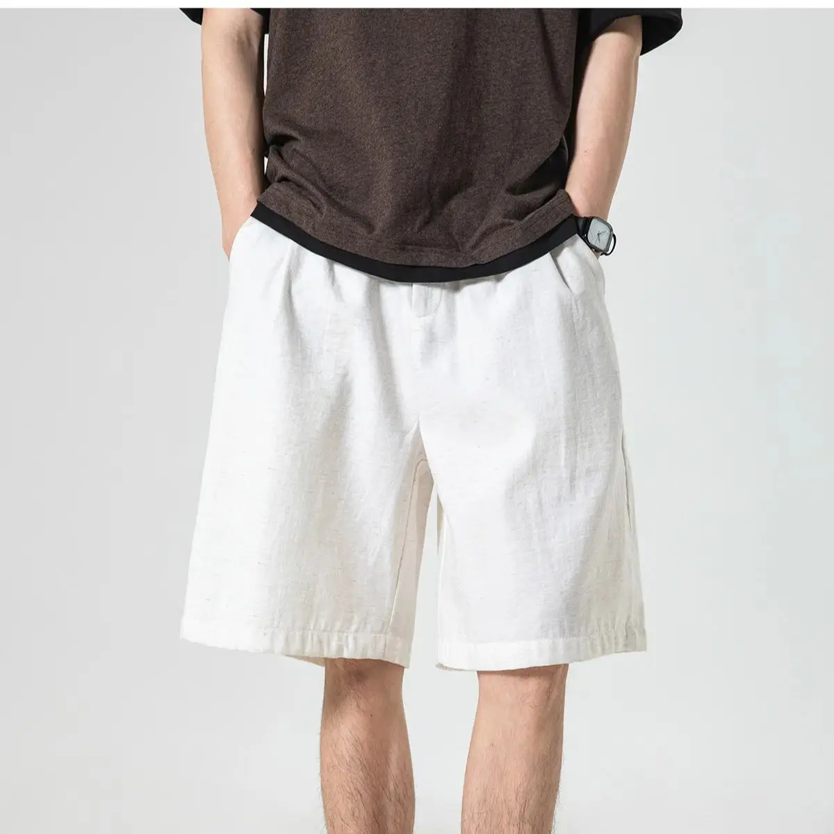 

Men's Vintage-Style Striped Textured Suit Shorts: Summer Creased Straight-Leg Loose-Fit Minimalist Casual Cropped Trousers