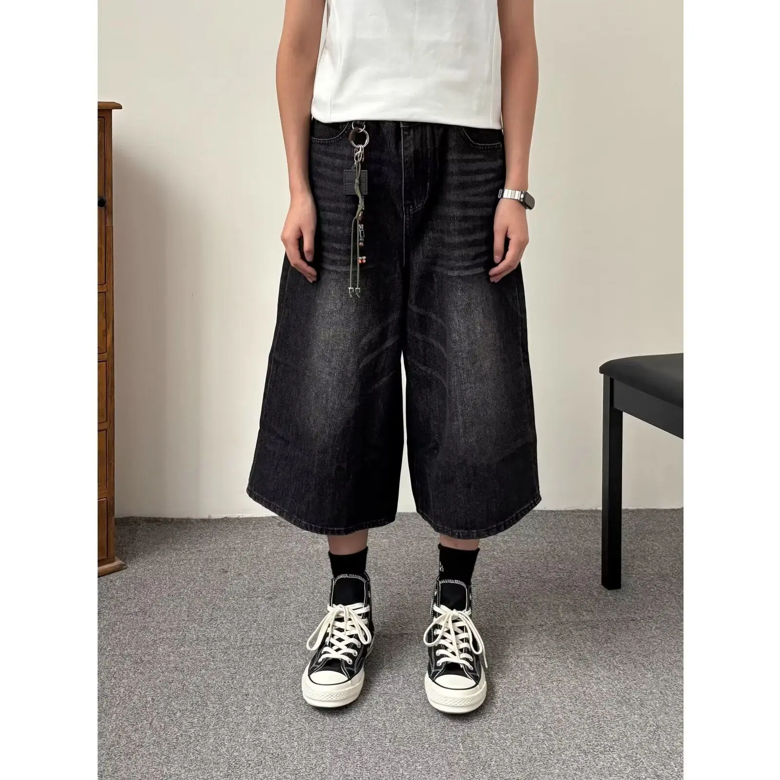 Jeans Biru Retro Celana Pendek Denim Panjang Lutut Lurus Longgar Kumis Pinggang Rendah Dicuci Pria Pakaian Musim Panas Kasual