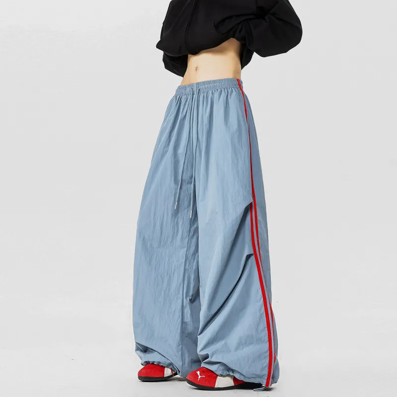 

Мужские брюки-парашюты в американском ретро-стиле из нейлона, плиссированные, расклешенные, с широкими штанинами, повседневные, длинные, с боковыми полосками, тонкие, прямого кроя