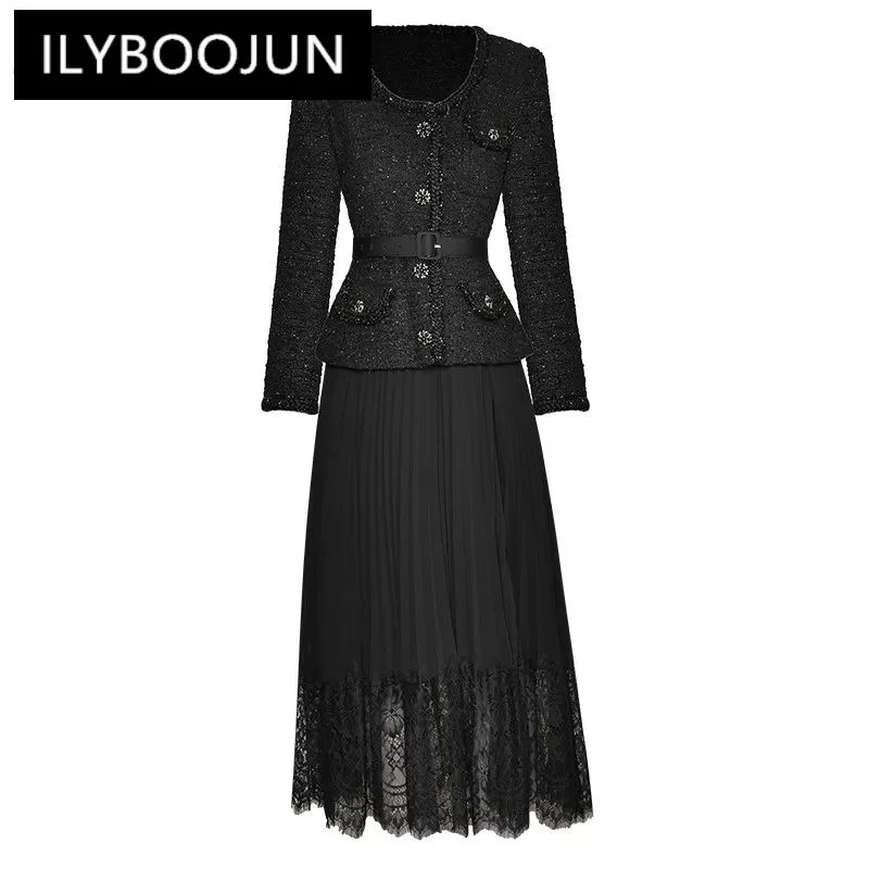 

ILYBOOJUN Fashion Designer Winter Dress Women Long sleeve Belted Tweed Patchwork Black Lace Pleated Party Dresses