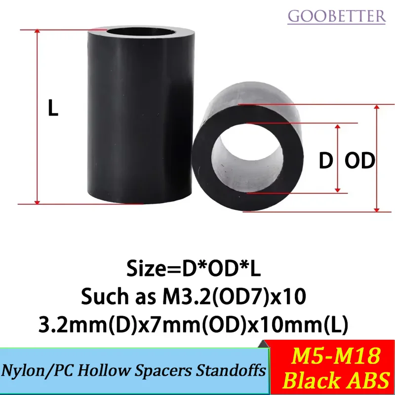

Black ABS/Nylon/PC Hollow Spacers Standoffs M5 M6 M9 M11 M14 M16 M18 for PCB, Electronics, Anti-Vibration Hardware 100pcs