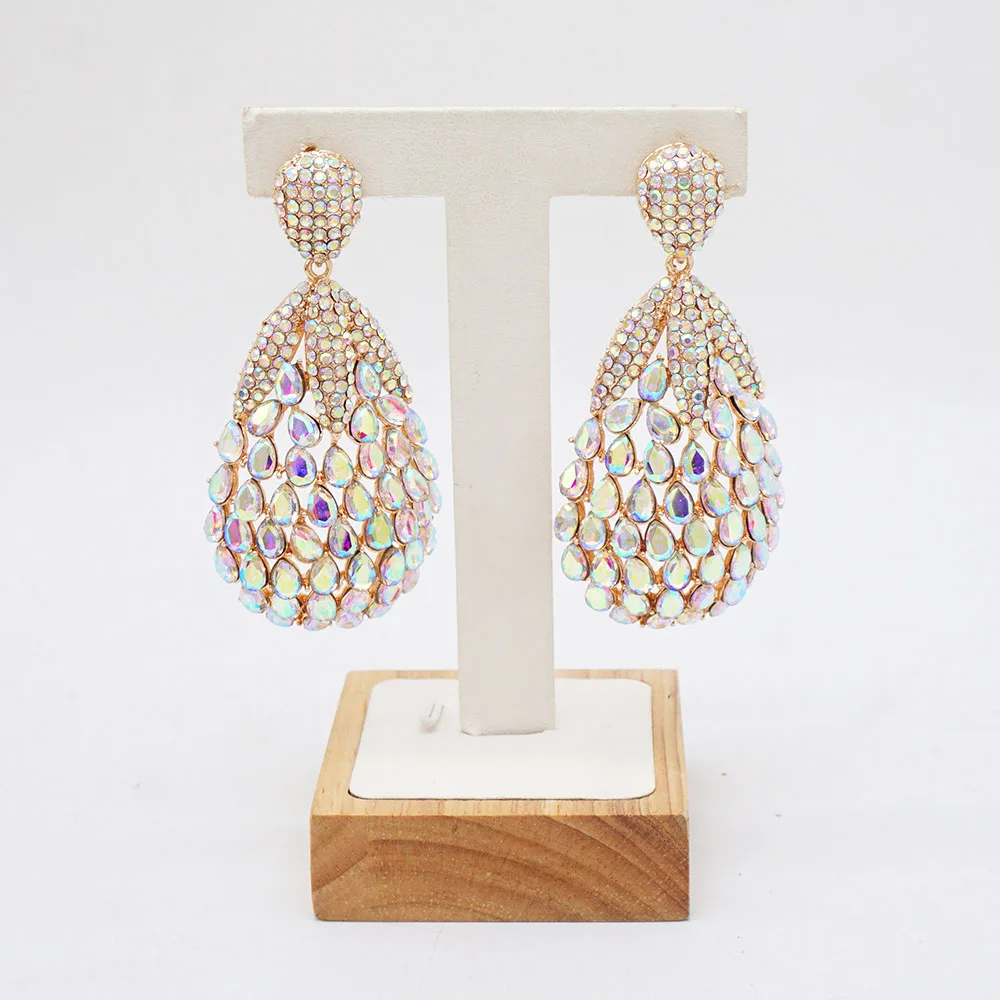 Damen AB Kristall Tropfen-Ohrringe Goldfarben Hohle Strass-Ohrhänger Hochzeit Party Braut Statement-Schmuck Geschenk – Detail 4