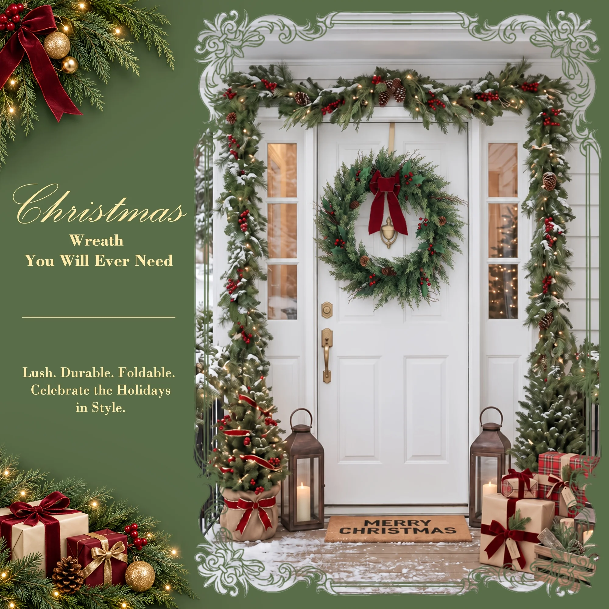 22/28 Inch Artificial Christmas Wreath For Front Door, 2 Styles And Sizes Foldable TPE Evergreen Wreath With Natural Pine Cones, Red Berries, Holly Leaves And Velvet Bow, Unlit Holiday Decor For Porch, Wall And Fireplace