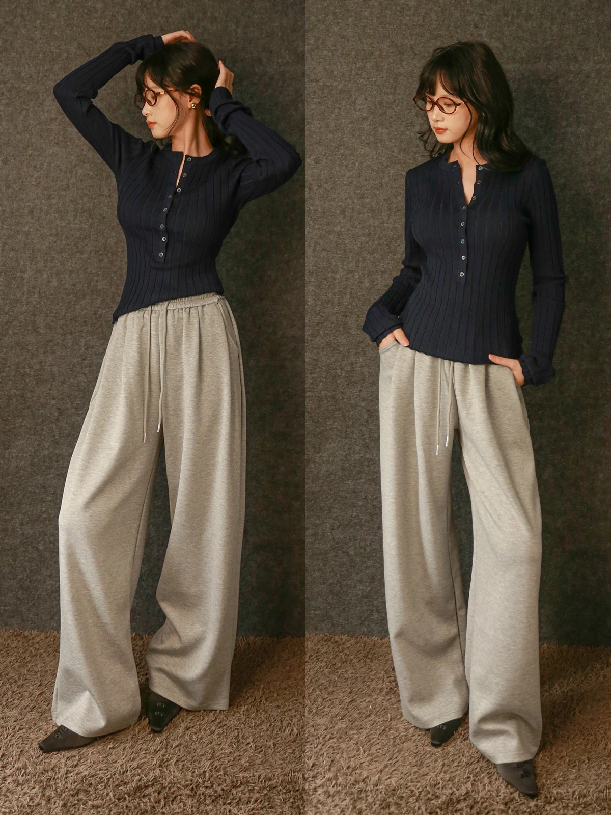 

Casual Straight Leg Wide Leg Pants Elastic Waist Dstring Spor Sle Simple mat Long Trousers for Women