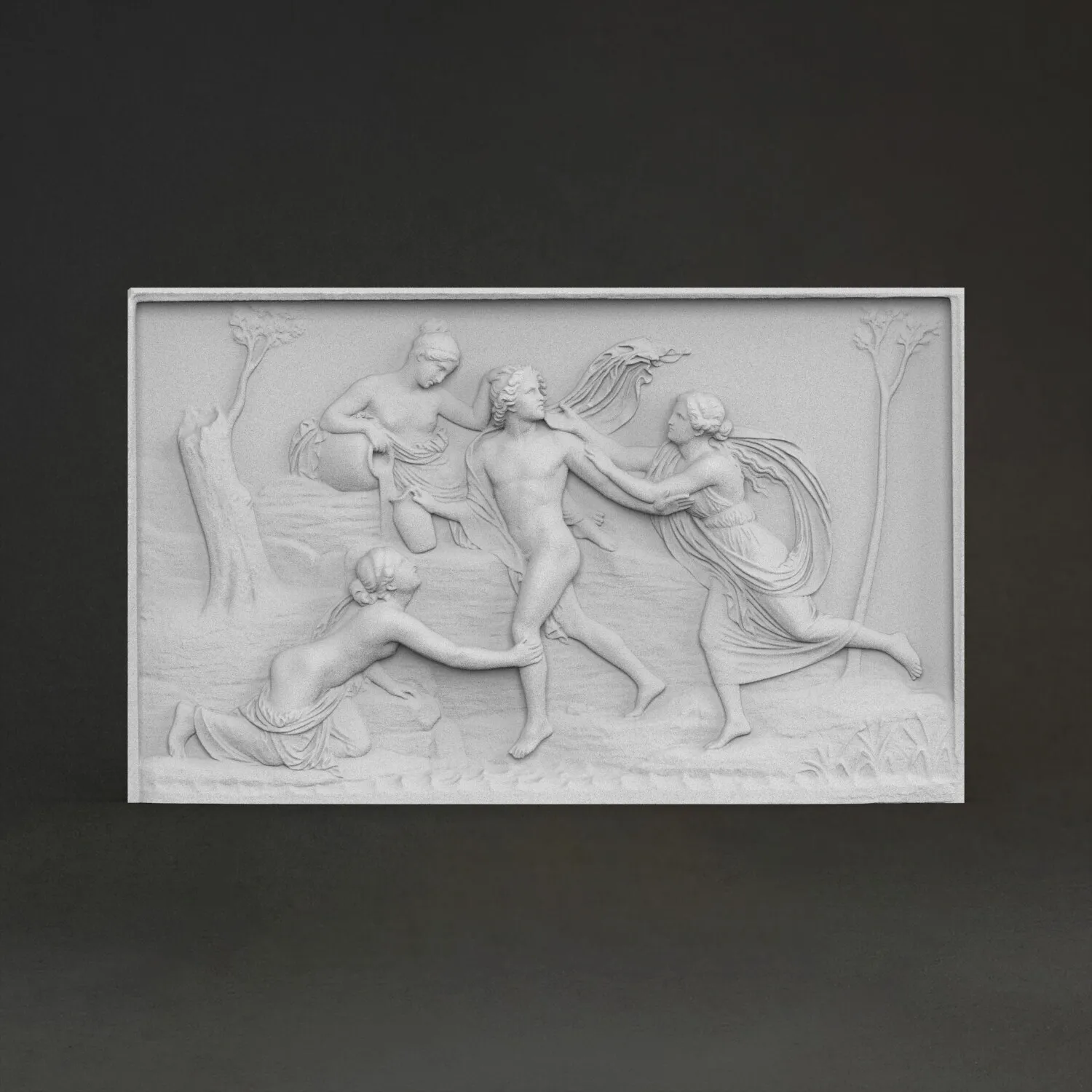 “Hurass and the water nymph” sculpture, 3D printed resin material, hand-painted, plaster-like textured decoration
