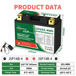 JSP14B-4 12.8V 102.4Wh CCA 580A BMS rozruch motocykla akumulator 12.8V skuter fosforan litowo-żelazowy akumulatory LiFePO4 YTX14B-4