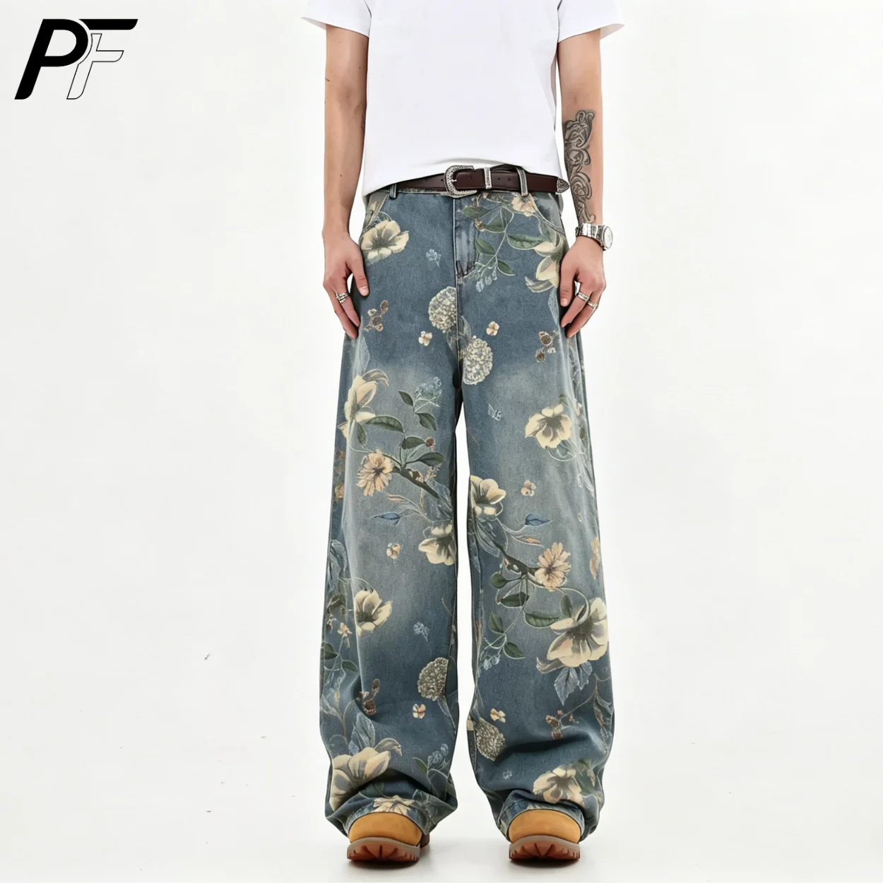 

2026 New Vintage Floral Print Wide Leg Denim Pants Y2K High Waisted Distressed Washed Jeans Streetwear Loose Casual Trousers