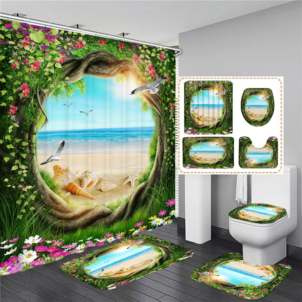 Home Decor Bathing Dream Forest Beach Scenery Fabric Shower Curtain Set with Hooks Bathroom Toilet Bath Mat Non-slip Rug Carpet