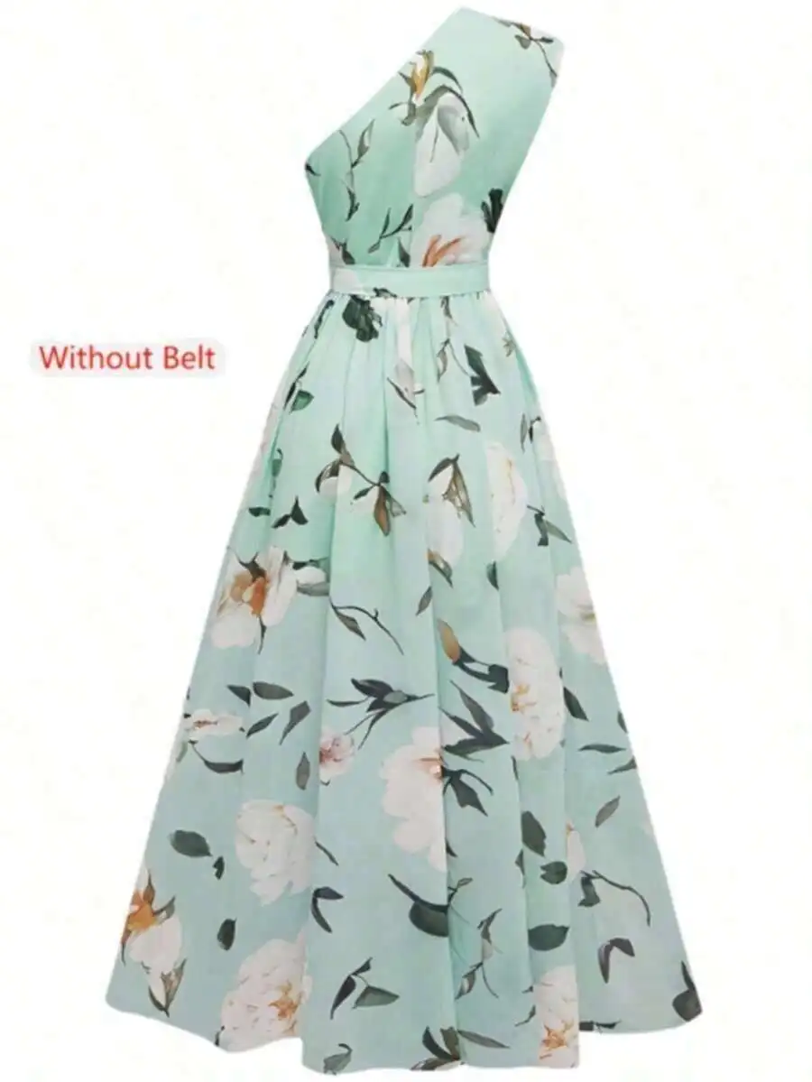

Mint Green Floral One-Shoulder A-Line Maxi Dress Without Belt For Summer Beach Vacation And Evening Wear