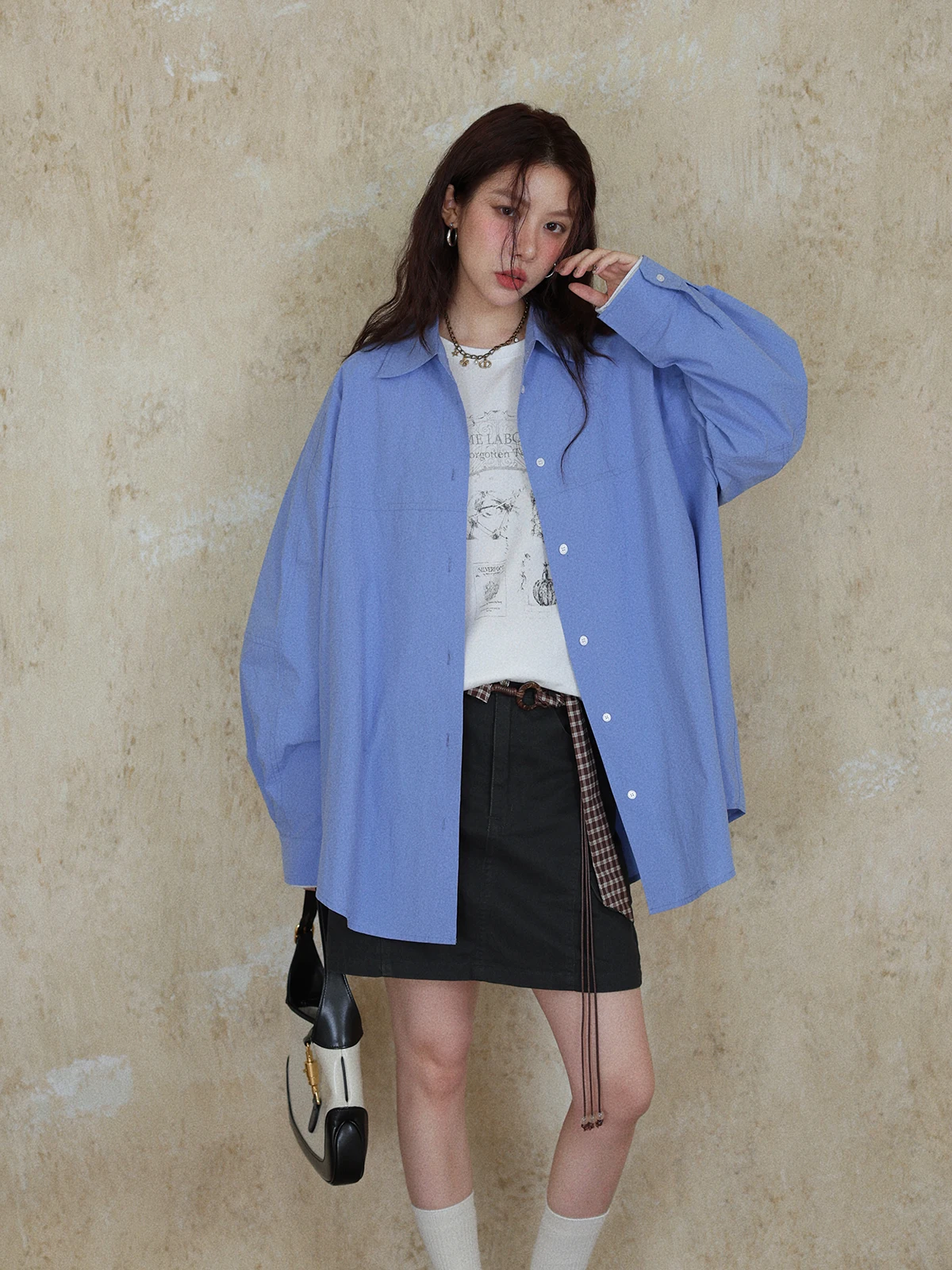 

DR Basic Loose Fit Long Sve Blue irt Women's Spring Cotton Sun Protection Versatile Simple Sle Faionable irt