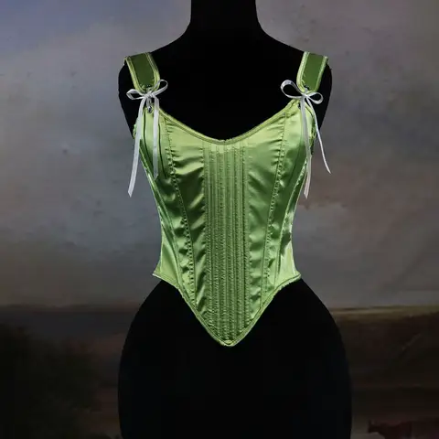 2025 Newest Popular Cute Fresh Green Light Blue Colors Fish Bone Body Shapewear Corset Tops Satin Simple Vest Style Corset