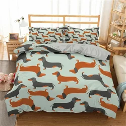 Cartoon Dachshund Bedding Set Cute Sausage Dog Duvet Cover Set Pet Puppy Printed Comforter Cover Animal Polyester Quilt Cover