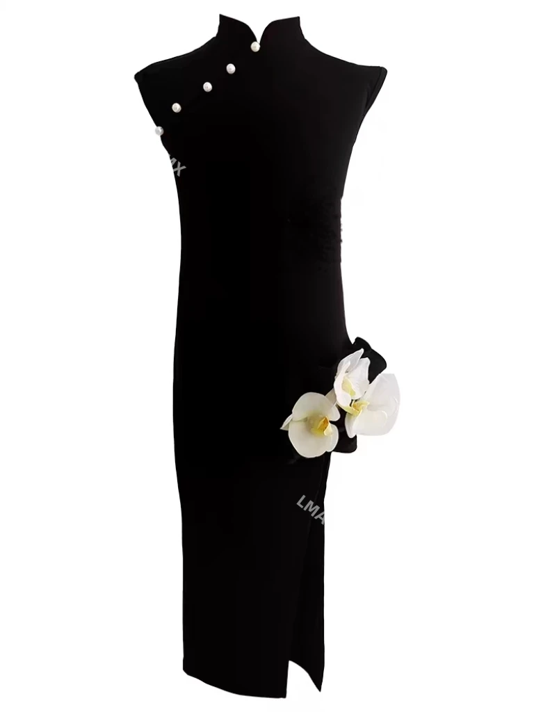 ラテンダンスドレス、女の子のパフォーマンスドレス、黒の競技用ドレス、スリムなチャイナドレスダンスドレス