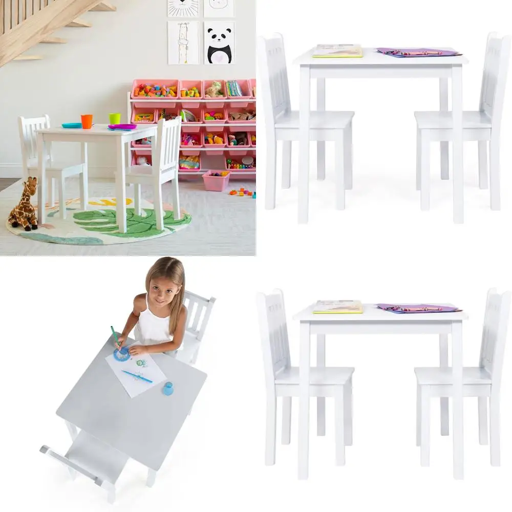 طقم طاولة أطفال مربع أبيض وكرسيين - أثاث خشبي قوي للفنون والحرف اليدوية والوجبات الخفيفة
