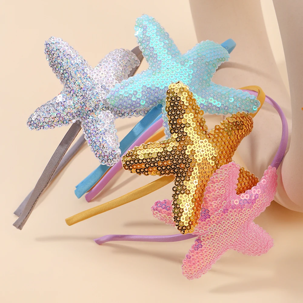 1Pc Cartoon Starfish Hair Hoop for Kids Hair Accessories Shiny Sequins Children\'s Decorative Hair Band Leisure Dress Up Headwear