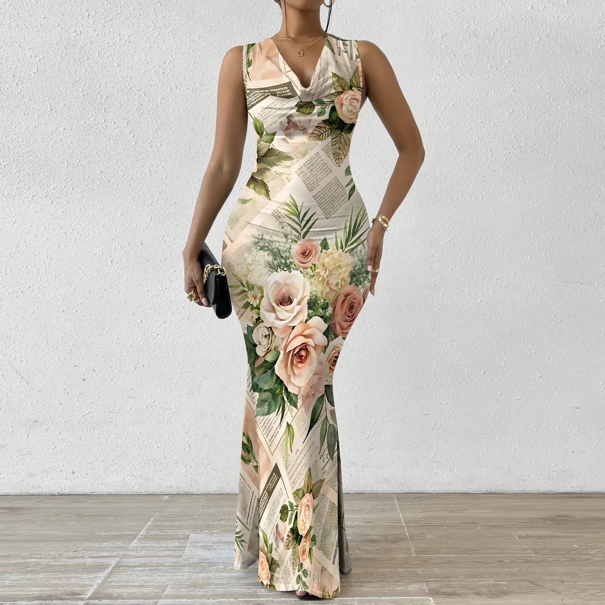 

Elegant Maxi Dress Women's XS-2XL Vintage Floral Print Bodycon Party Evening Dress Prom