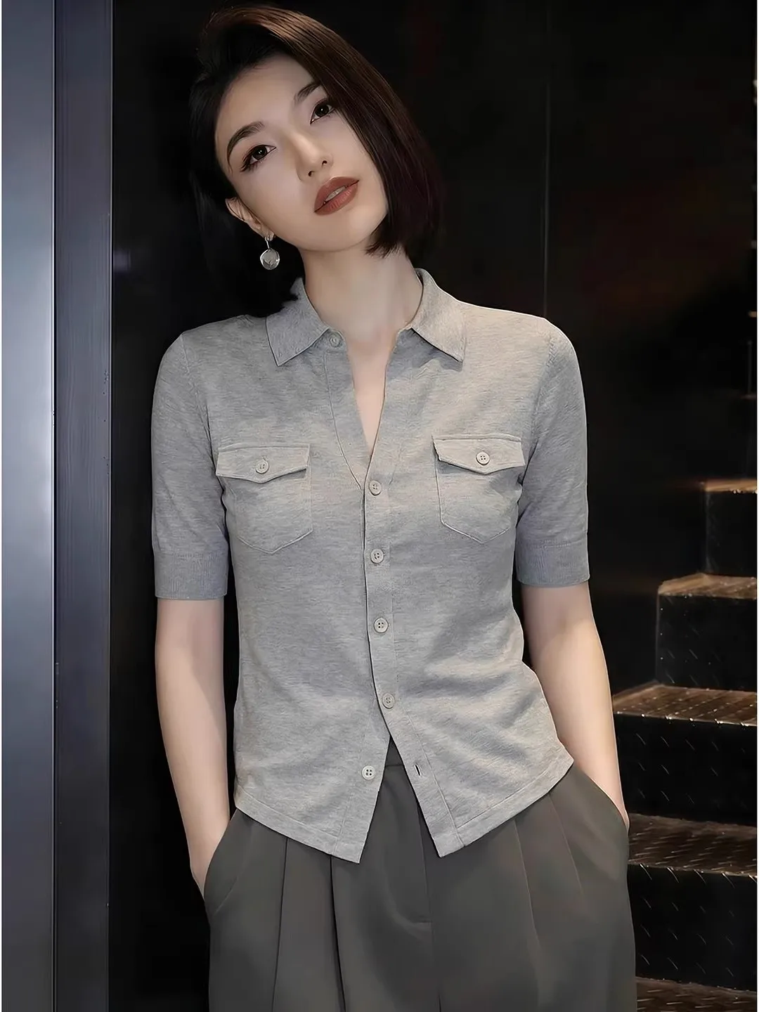 

Korean Style Grey Neck Short Sleeve Women's T-shirt Slimming Waist Design Summer New Fashion Casual Shirt