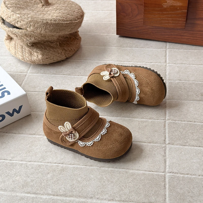 여아 레이스 앵클 부츠 2025 가을 여아 소프트 솔 미끄럼 방지 메리 제인 공주 신발 아기 양말 부츠 귀여운 어린이 숏 부츠