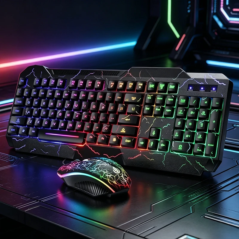 RGB Backlit Wired Gaming Keyboard and Mouse Combo, Crack Rainbow LED Lighting, Ergonomic Waterproof USB Computer Keyboard Mouse
