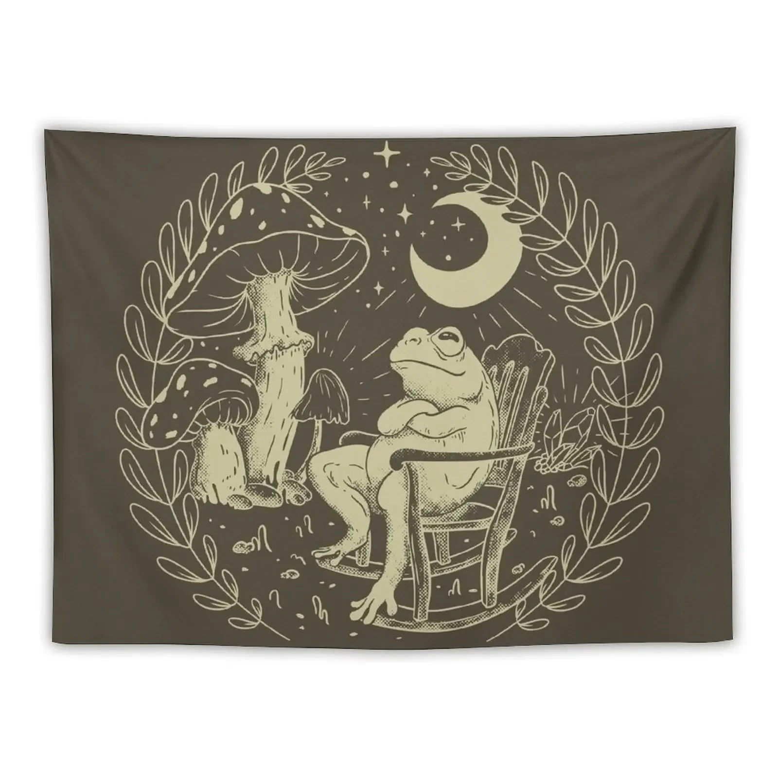 

Goblincore Aesthetic Cottagecore Frog Chilling - Khaki - waiting for mushrooms to grow - Mycology Fungi Shrooms Forager Tapestry