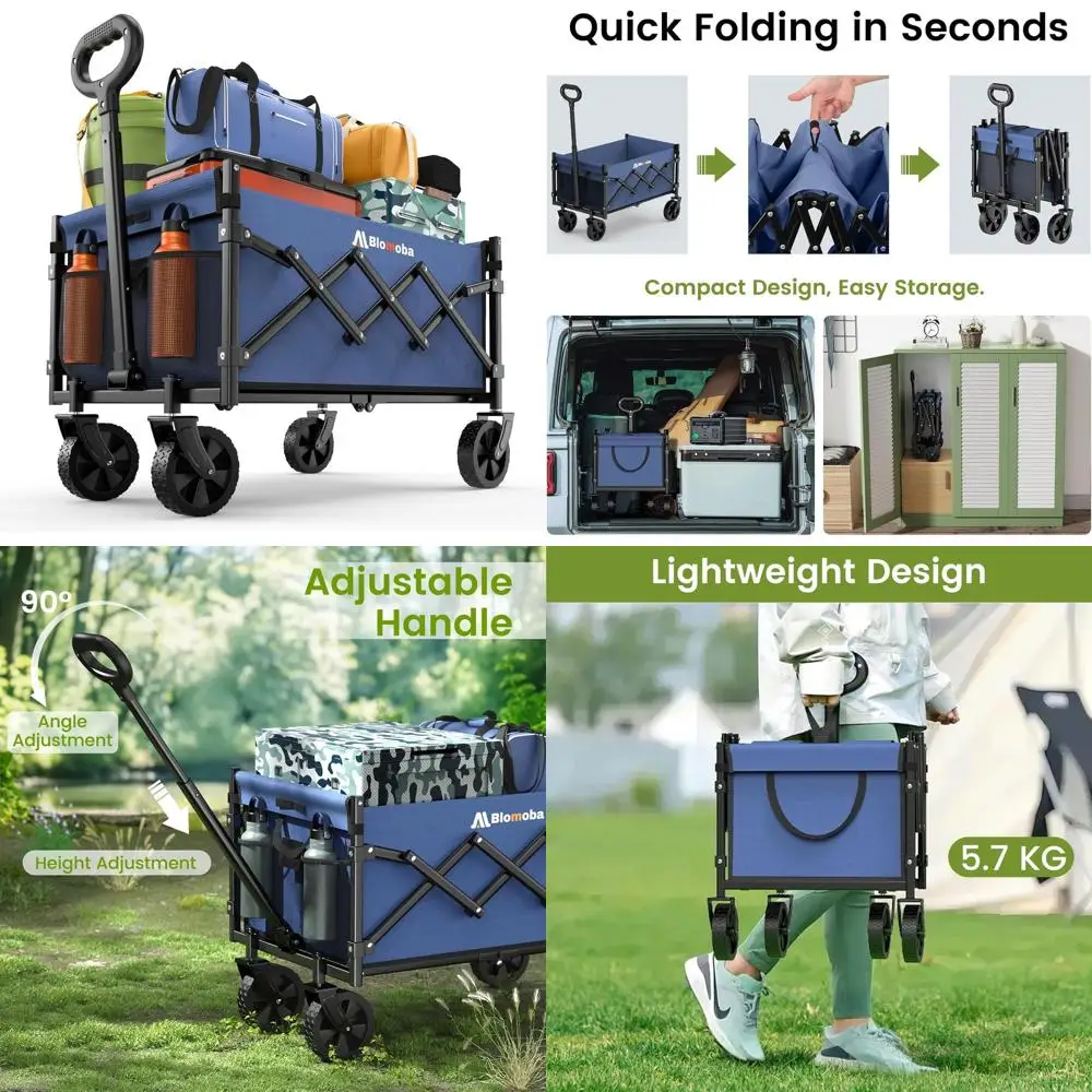 

Folding Utility Wagon with Wheels, 220 lbs Capacity, Flexible Handle, Lightweight, Portable for Grocery, Sports, Gardening, Camp