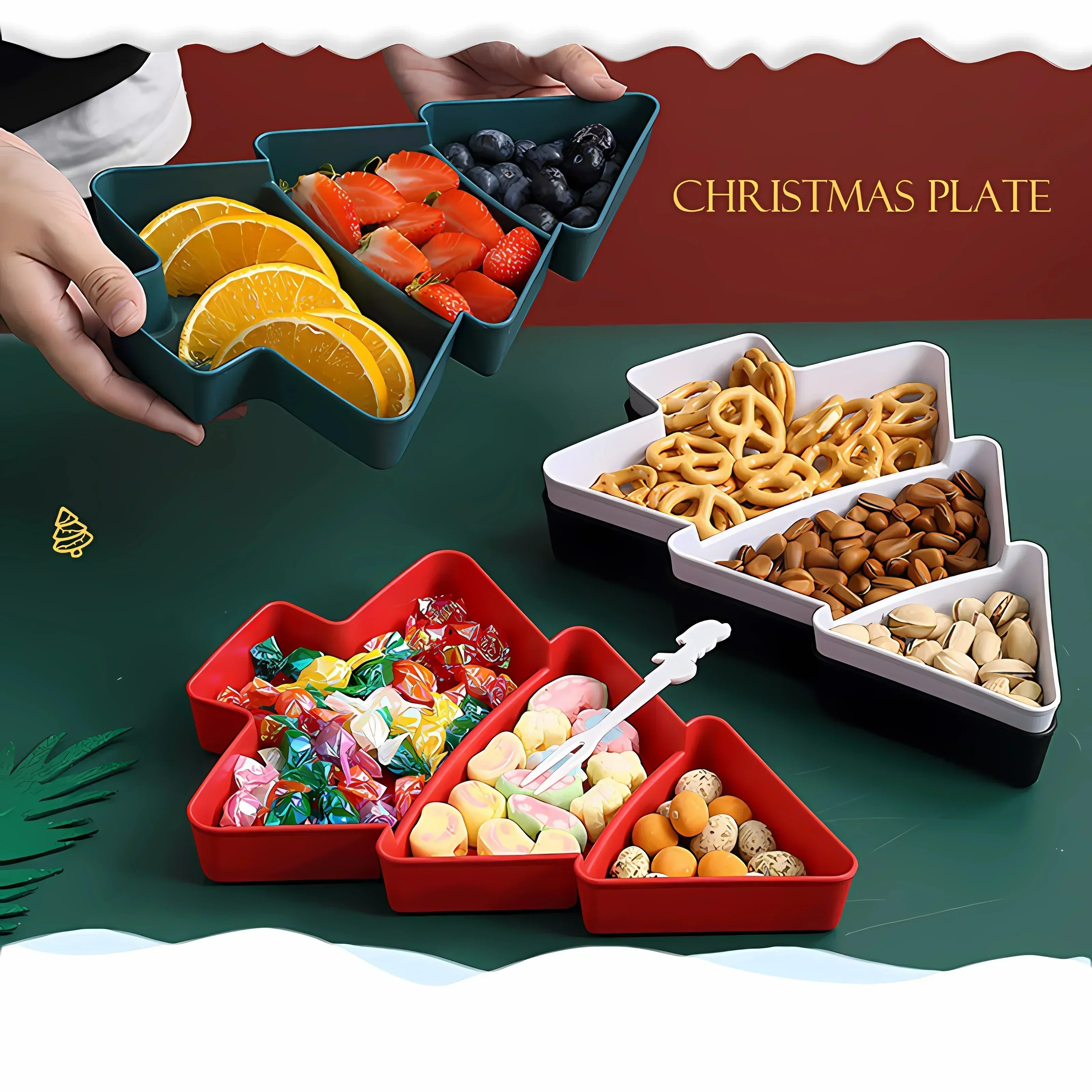Christmas Tree Tray Compartment Snack Plate Holiday Serving Platter Candy Dish Festive Centerpiece