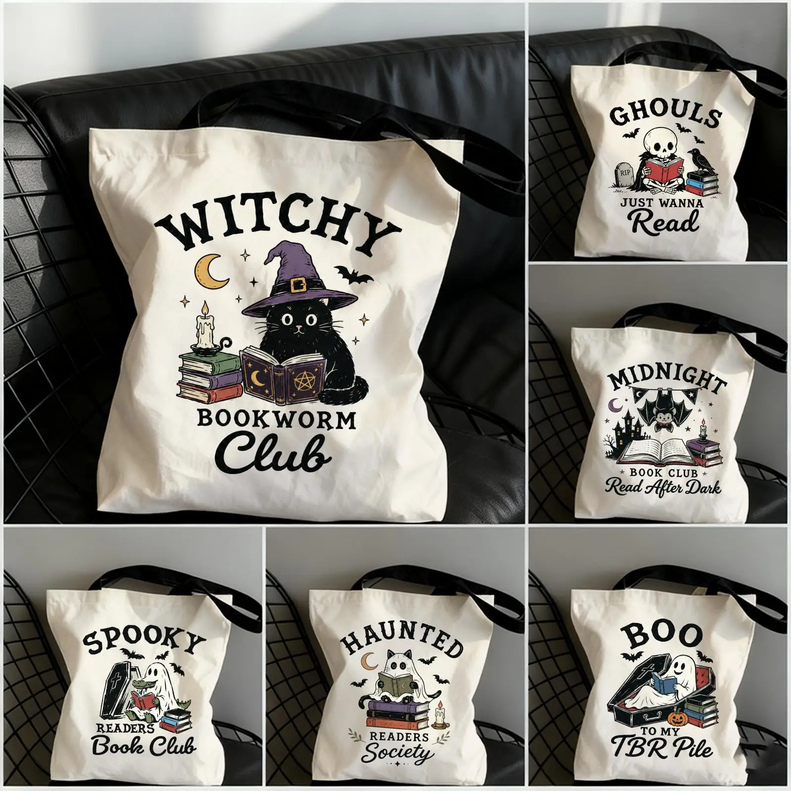Spooky Readers Book Club Storage Bags Large Capacity Canvas Tote Bag Double-Sided Print Shoulder Handbag for Daily Shopping