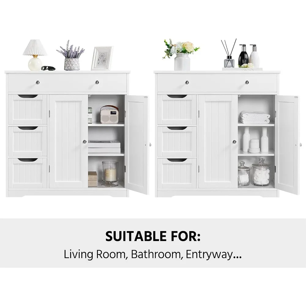 خزانة أرضية حمام خشبية كبيرة مع مساحة تخزين كبيرة: 1 درج كبير، 3 أدراج صغيرة، وبابين