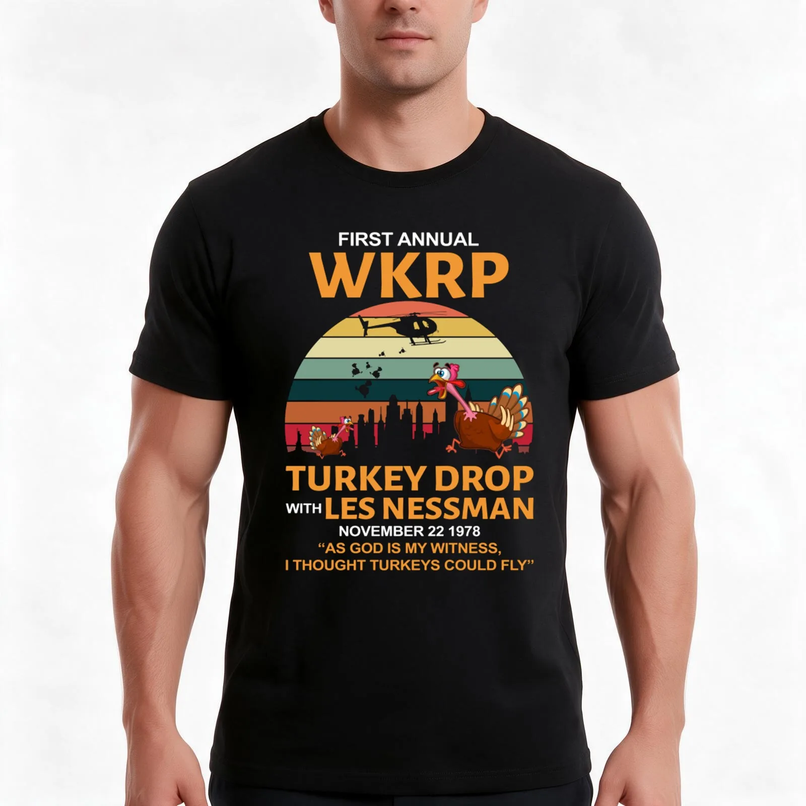 First Annual WKRP Turkey Drop With Les Nessman T-Shirt, Summer Casual Cotton Tee, Oversized Streetwear Tops, Unisex Men Women