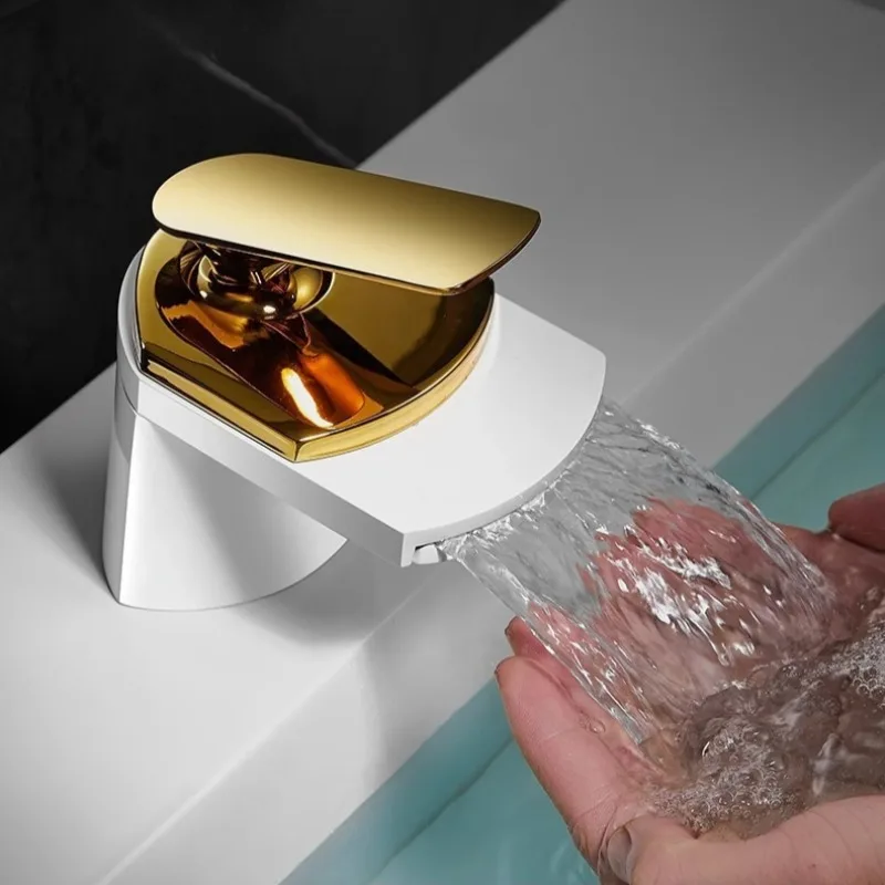 Brass Black Wide Mouthed Waterfall Style Washbasin Faucet for Hot and Cold Bathrooms Under Sink Basin Faucet with Countertop