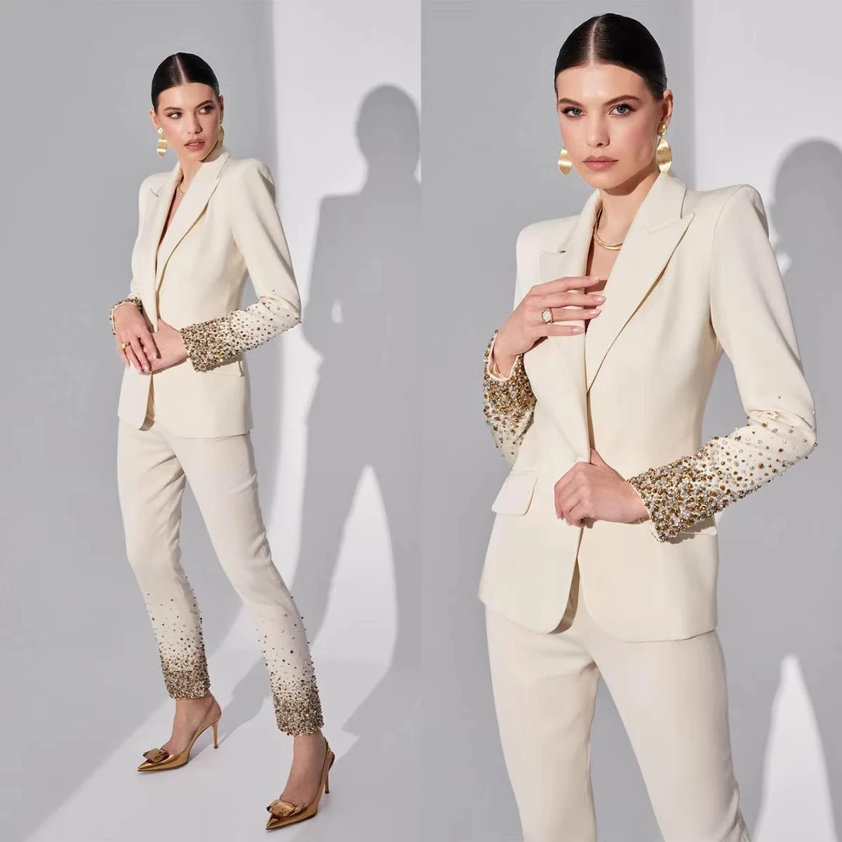 Conjunto de Pantalones y Chaqueta de Cuentas Coloridas Personalizado para Mujer, Traje Formal Beige para Oficina, Elegante, para Fiesta de Graduación, Cumpleaños, Talla Grande, 2 Piezas