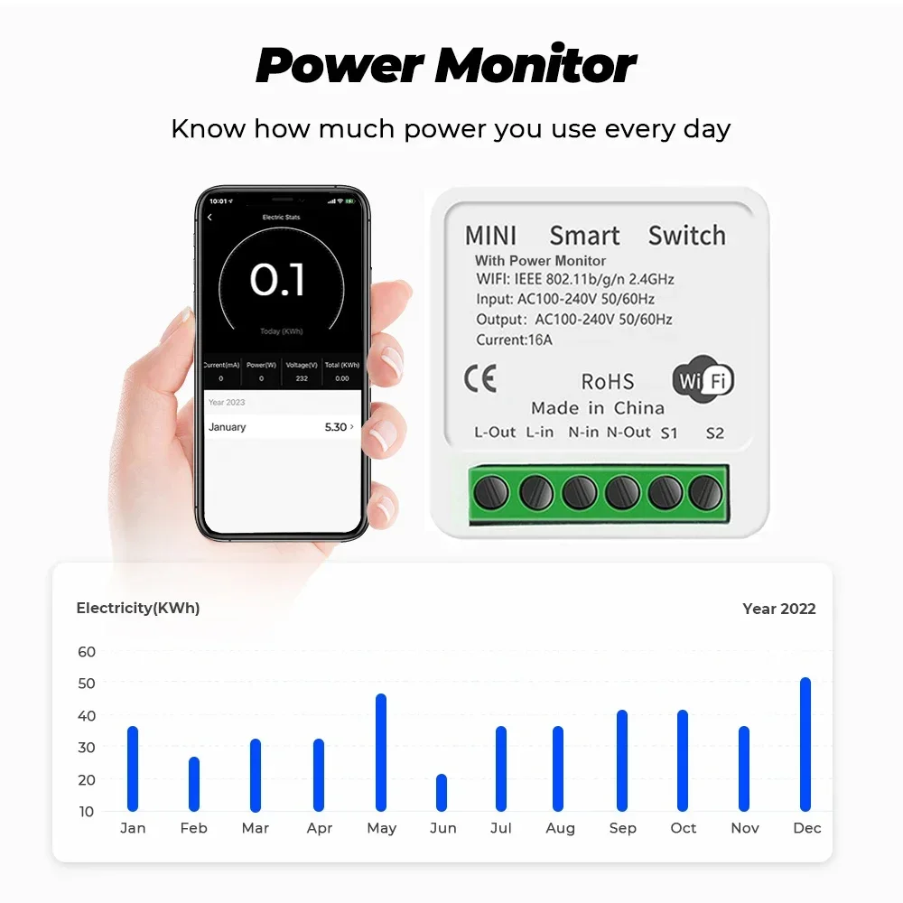 16A Tuya WiFi Smart Switch 2-way Control Switch Mini Smart Breaker Smart Life APP Control Works With Alexa Google Home Alice