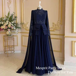 Navy Mother of The Bride Dress with Chiffon Cape High Neck Full Sleeves Beading Applique A Line Evening Party Gown Formal Dress