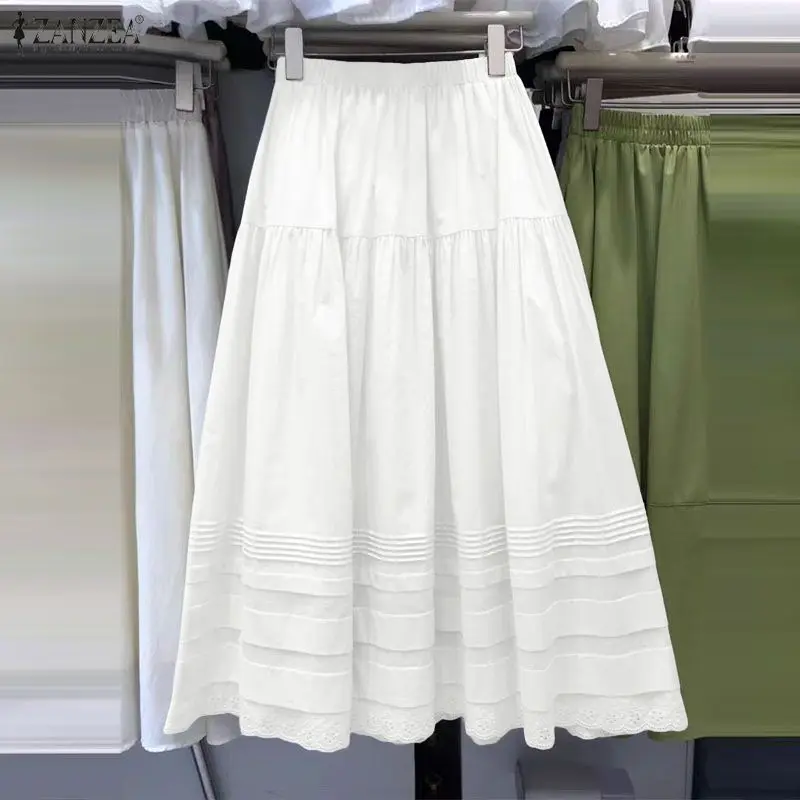 ZANZEA Women Fashion Solid Skirts Elegant High Waist Lace Maxi Skirts 2026 Spring Jupes Summer Elastic Waist Casual Faldas Saia