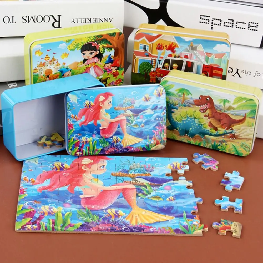 

60PCS Funny Multicolor Cartoon Puzzles Wood Iron Box Developmental Toys Color Cognition Educational Toy Unisex
