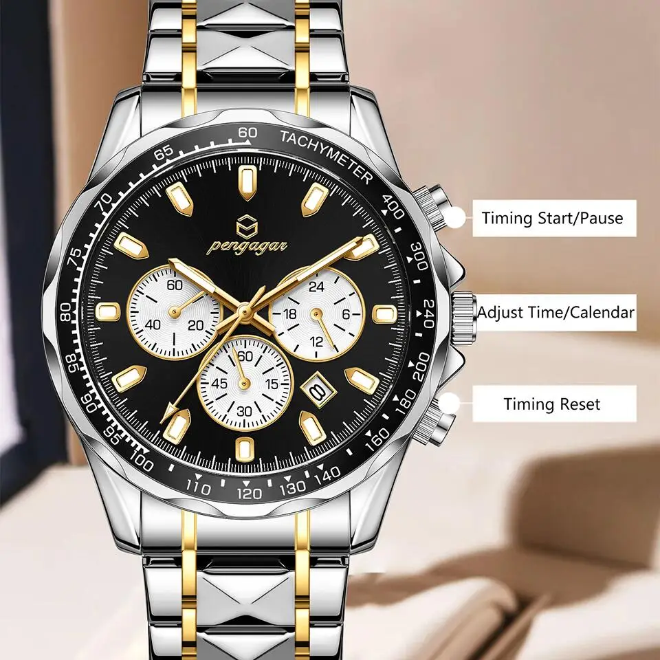 PENGAGAR Orologi da uomo Cronografo classico multifunzionale Orologio da polso al quarzo originale Sport Reloj impermeabile in acciaio inossidabile