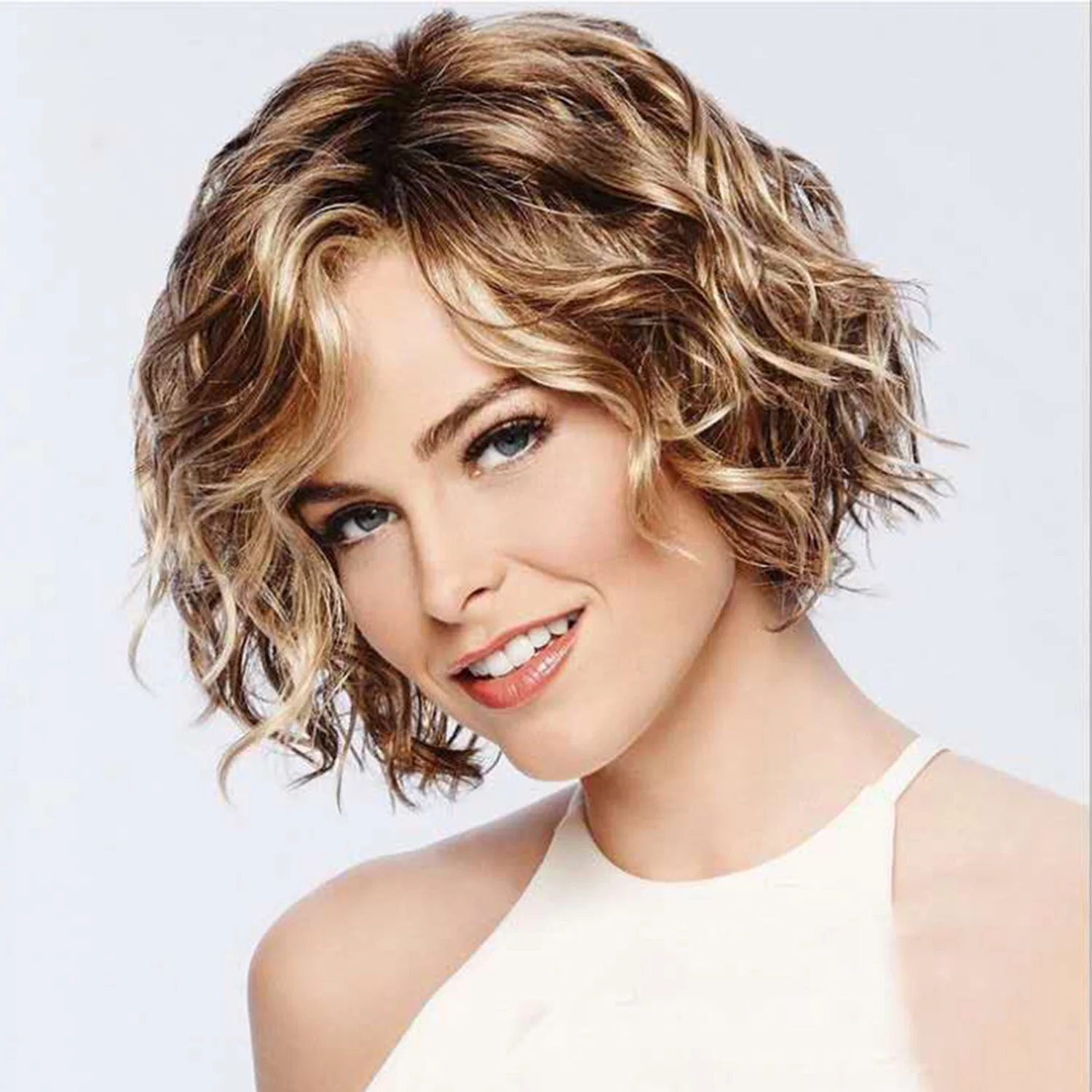 

12 Inch Short Curly Synthetic Brown Blonde Wig For Women Hair Heat Resistant Wigs With Bangs Daily Use Halloween Wedding Ball