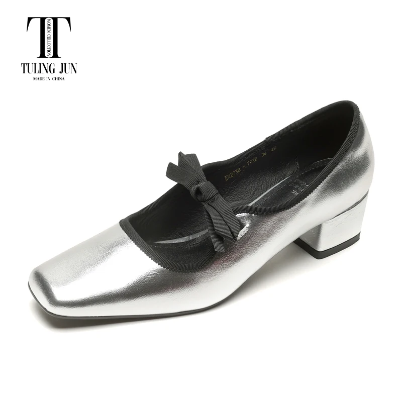 

TULING JUN Spring Autumn 2025 Woman Square Toe Solid Color Single Shoes Med-Heels Shallow Pumps For Female Elegant T-7712