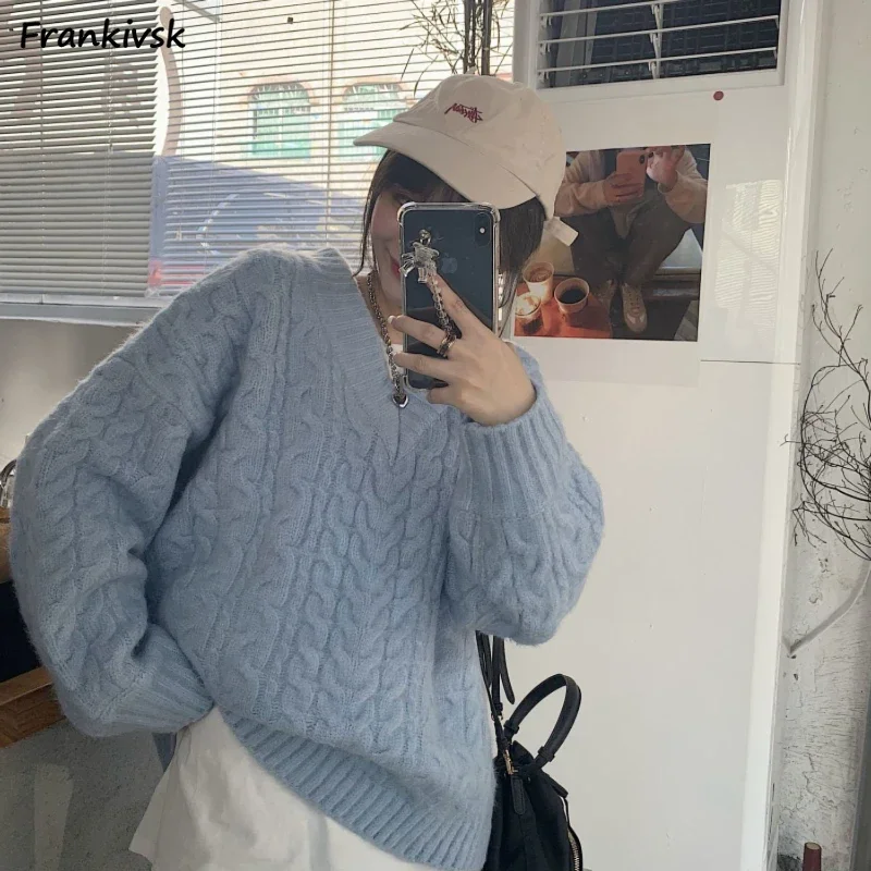

Twist Sweaters Women Baggy Slouchy Korean Style All-match Knitwear Fashion Simple Warm High Street Harajuku V-neck Autumn Daily