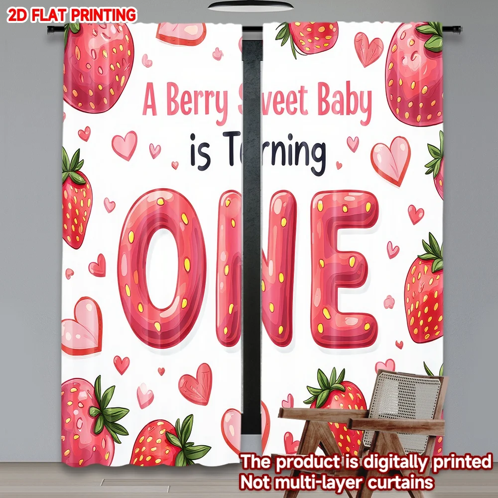 

2D flat printing 2pcs Drapes First Birthday Strawberry Celebration Digital Printed Polyester Drapes Festive Wall Decor for