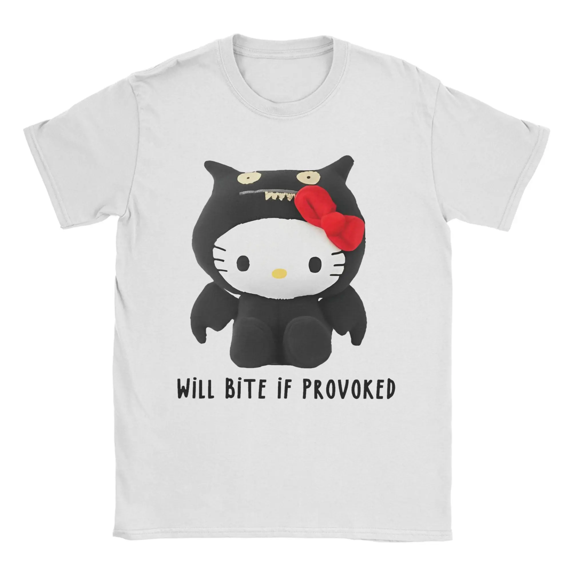 

Винтажная футболка с милым летучей мышью и котенком для мужчин, футболка из чистого хлопка с круглым воротником, кавайные футболки с короткими рукавами Hellokitty, идея подарка, одежда