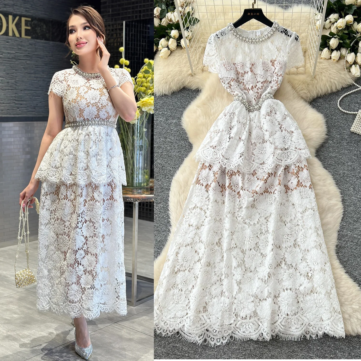 

Women Dress Long Dresses A Line Tight Waist Vestidos Round Neck Short Sleeve Lace Elegant Splice Y2k Streetwear Party Night 2025