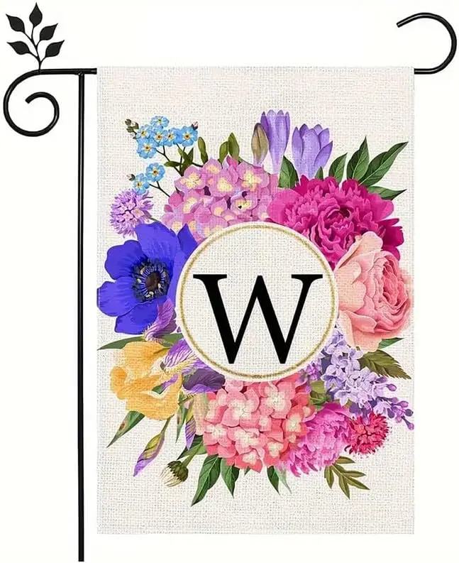 Flowers Summer Monogram Garden Flag, 12x18 01Letter Double Sided Colorful Farmhouse Decorations Burlap Yard Flag, Family Last Na